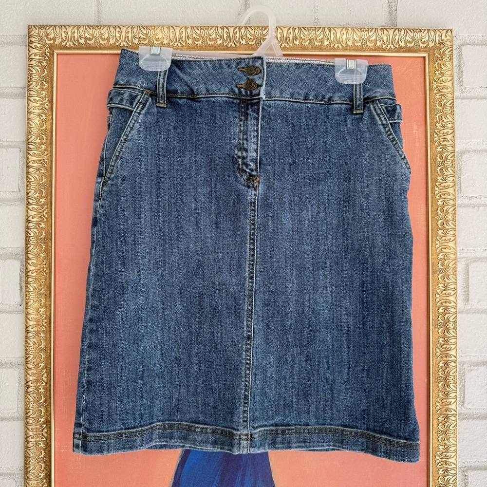 Vintage 90s Y2K Lands' End Premium Denim Blue Knee Length Straight Skirt